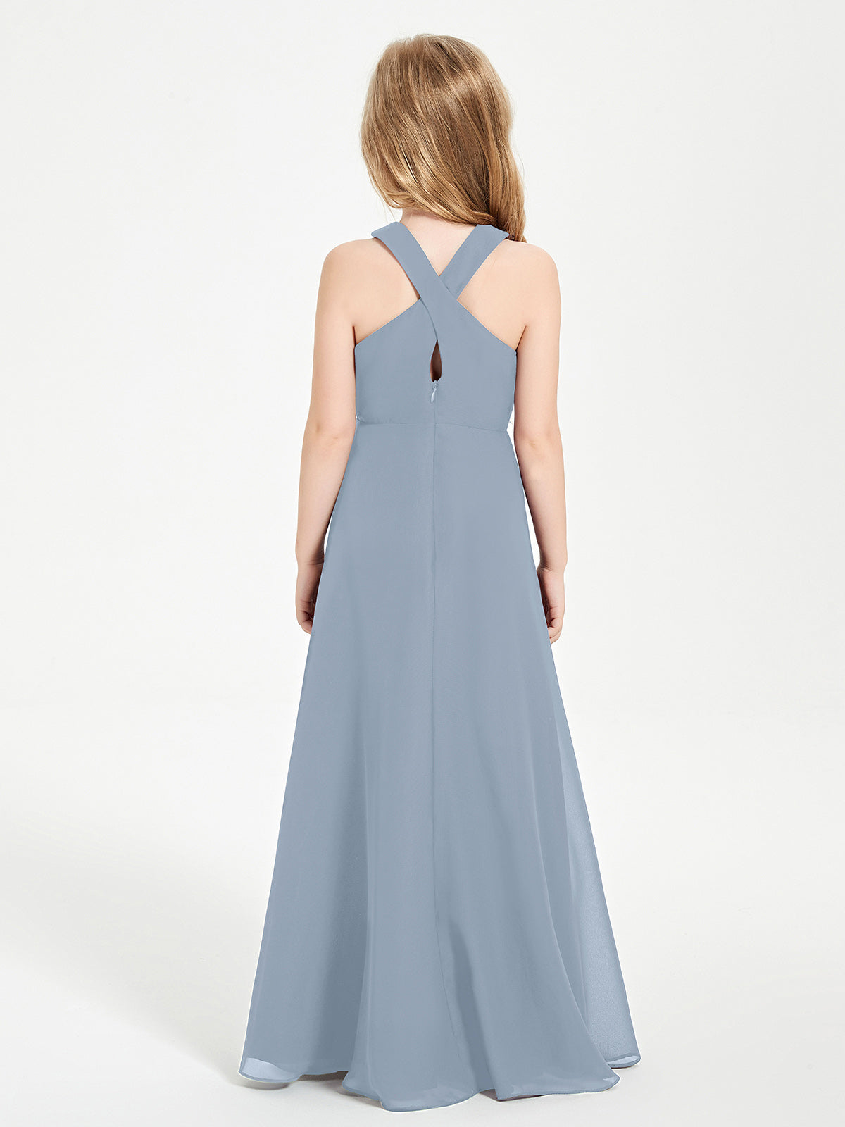 Grecian Neckline Long Dresses for Junior Bridesmaids Dusty Blue